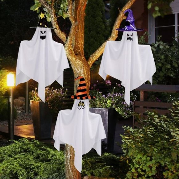 Hanging Ghost w/ Colorful Hats Polyester w/Foam Bendable Arms Set of 3